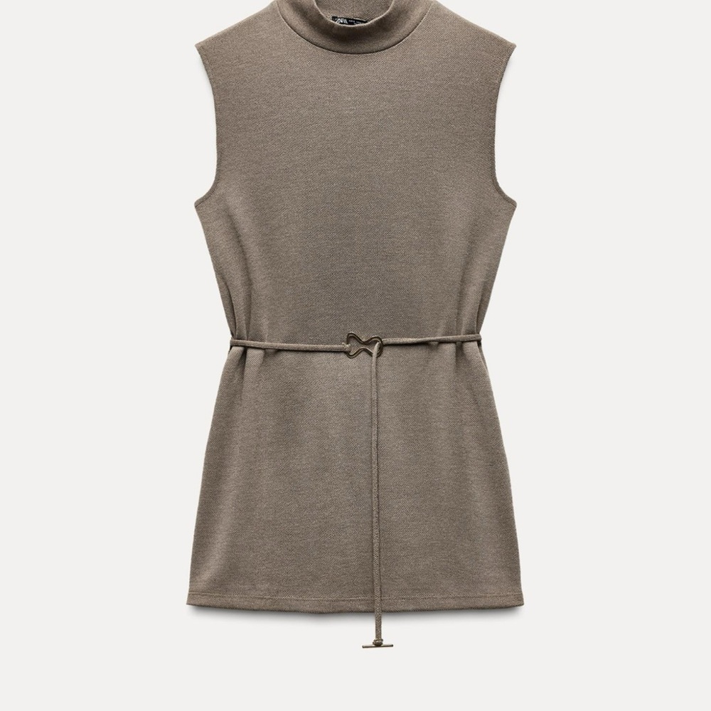 Sleeveless Taupe Dress with Belt